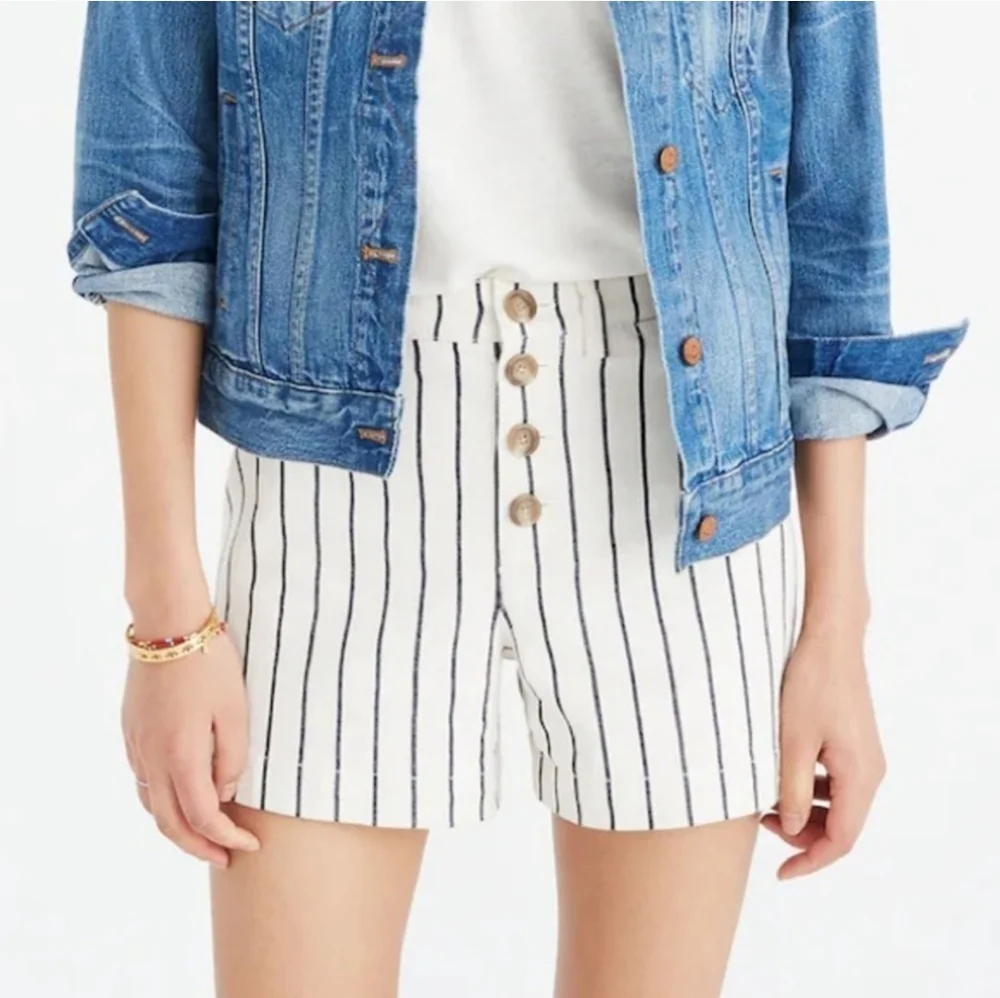 MADEWELL The Emmett Striped White  and Navy Denim Women's High Waisted Shorts 31